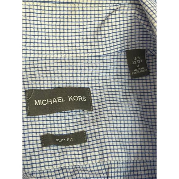 Mens Michael Kors Slim Fit Button Up Blue & White Gingham Collar Dress Shirt M - Picture 7 of 7